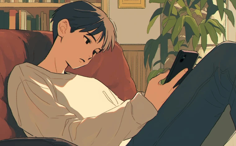 20代の私服を着た男性が、自宅の椅子に座りながら、暗い表情でスマートフォンを見ている。