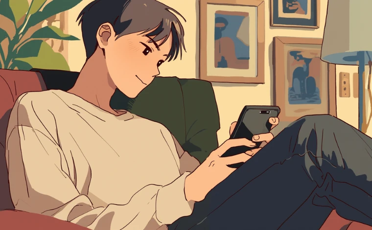 20代の私服を着た男性が、自宅の椅子に座りながら、笑顔でスマートフォンを見ている。