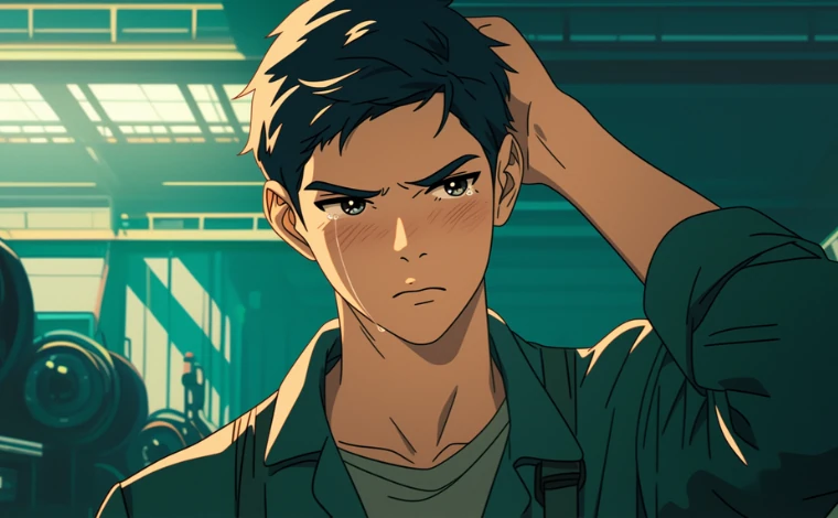 20代の作業服を着た男性が、ライン工場で、涙を流しながら頭を抱え悩んでいる。