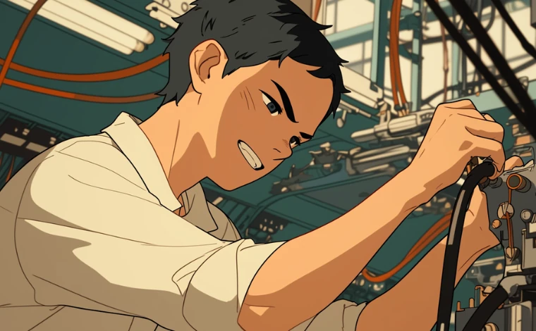 20代の作業服を着た男性が、ライン工場で、笑顔で働いている。