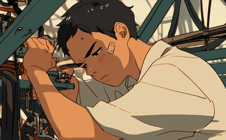 20代の作業服を着た男性が、ライン工場で、辛そうな表情で働いている。