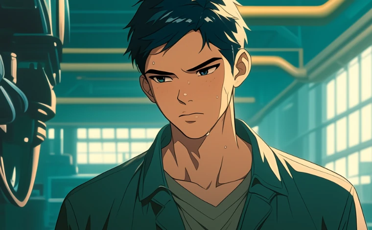 20代の作業服を着た男性が、ライン工場で、辛い表情をしている。