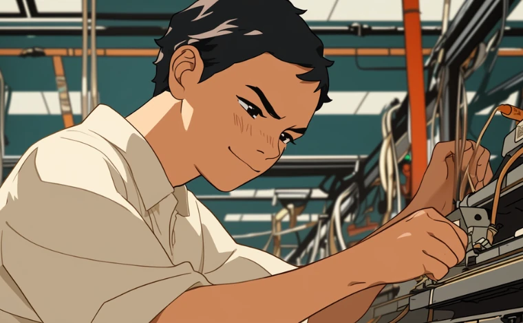 20代の作業服を着た男性が、ライン工場で、笑みを浮かべながら作業している。