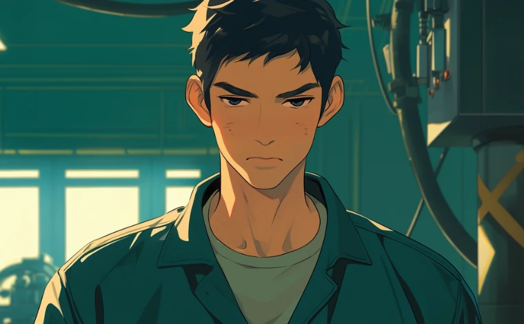 20代の作業服を着た男性が、ライン工場で、真剣な表情で正面を向いて立っている。