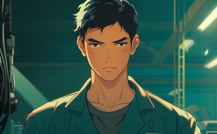 20代の作業服を着た男性が、ライン工場で、何かを決心した表情をしている。