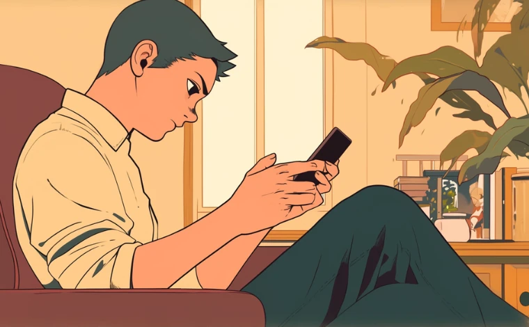 20代の私服を着た男性が、自宅で椅子に座りながら、真剣な表情でスマートフォンで調べ物をしている。