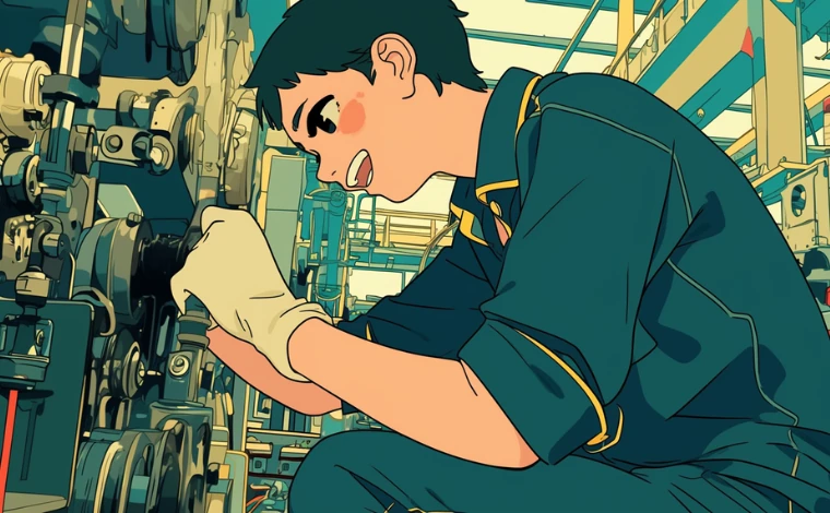 20代の作業服を着た男性が、ライン工場で、楽しそうに作業している。