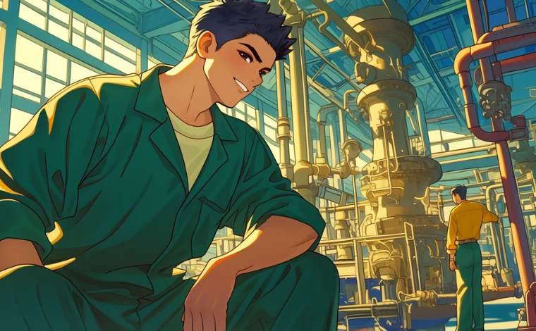 20代の作業服を着た男性が、ライン工場で、笑顔を見せている。