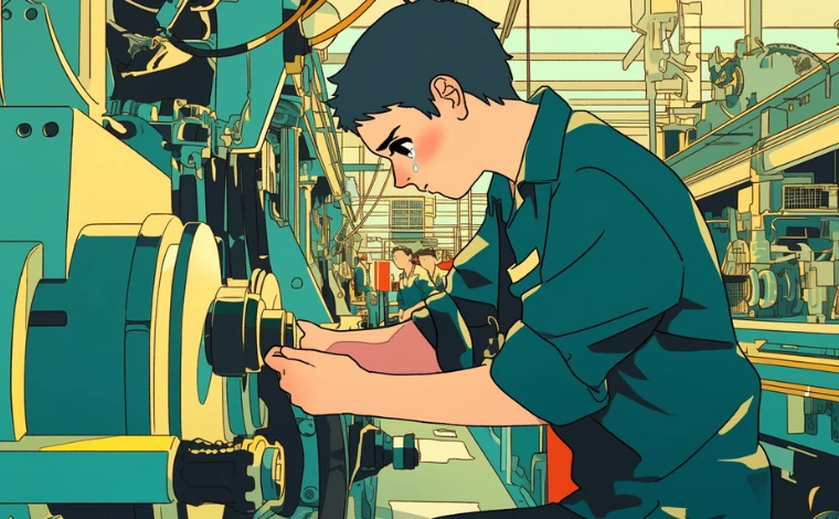 20代の作業服を着た男性が、ライン工場で、泣きながら作業している。