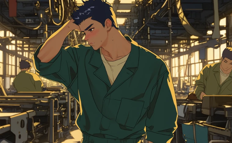 20代の作業服を着た男性が、ライン工場で、恥ずかしそうにしている。