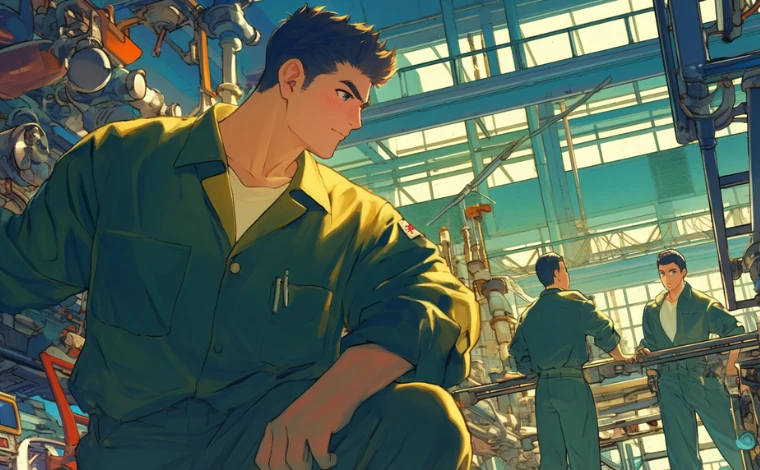 20代の作業服を着た男性が、ライン工場で、自信に満ちた表情をしている。