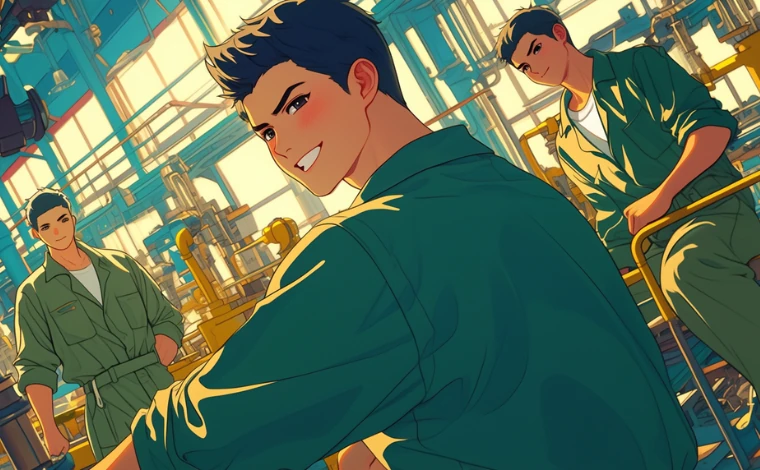 20代の作業服を着た数人の男性が、ライン工場で、笑みを浮かべている。