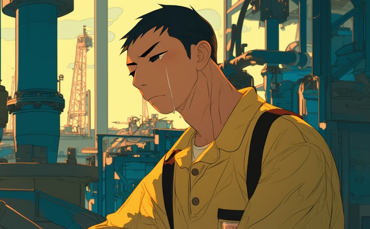 20代の作業服を着た男性が、ライン工場で泣いている。