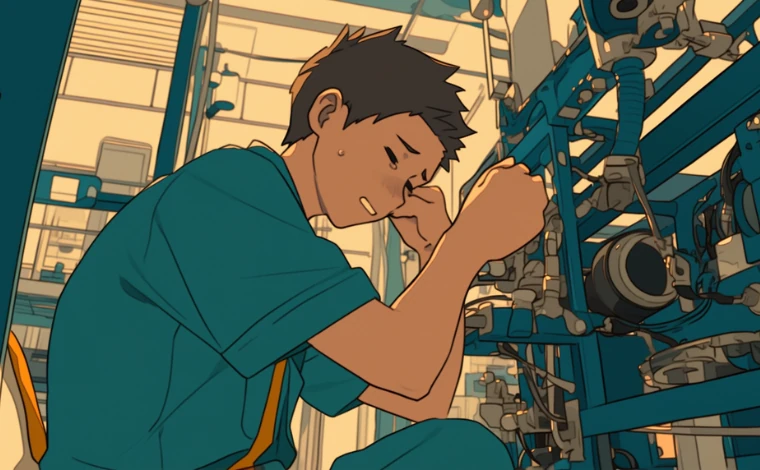 20代の作業服を着た男性が、ライン工場で泣いている。