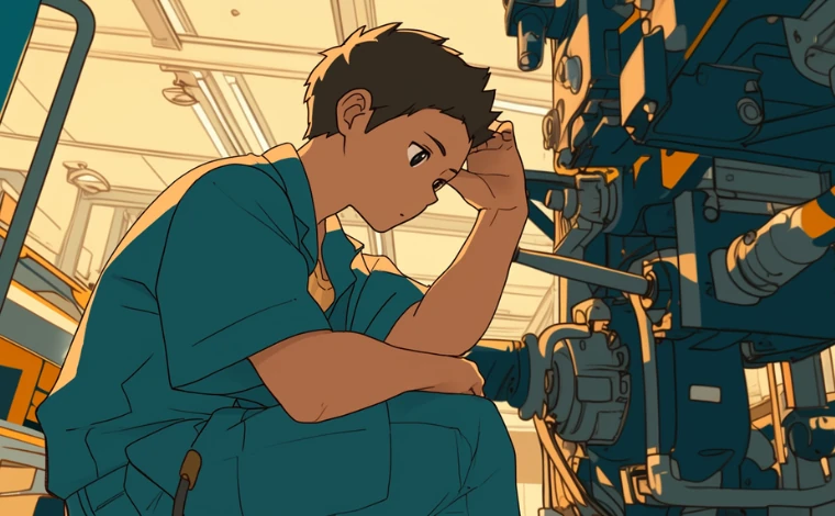 20代の作業服を着た男性が、ライン工場で、頭を抱え考え事をしている。