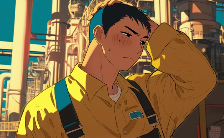 20代の作業服を着た男性が、ライン工場で、頭を抱え悩んでいる。