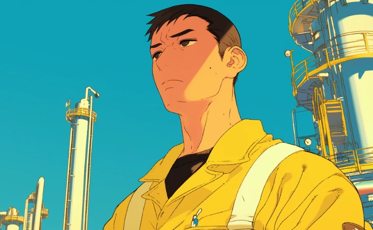 20代の作業服を着た男性が、ライン工場で、深刻な表情で悩んでいる。