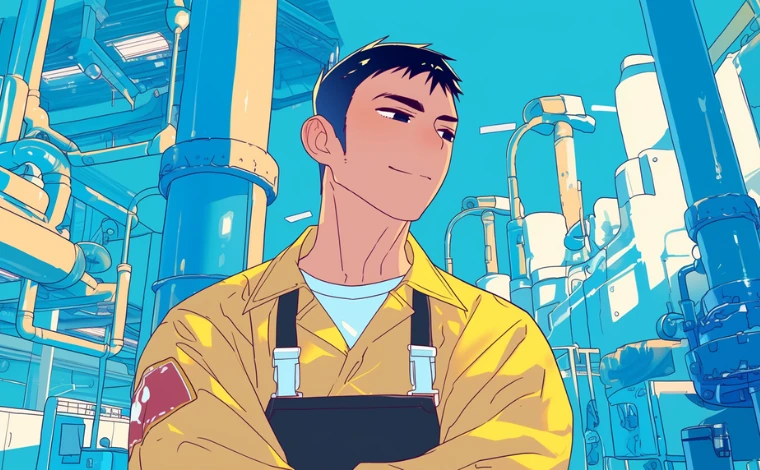 20代の作業服を着た男性が、ライン工場で、余裕のある笑みを浮かべている。