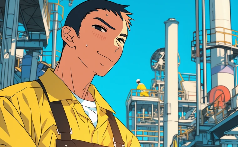 20代の作業服を着た男性が、ライン工場で、自信ありげに笑っている