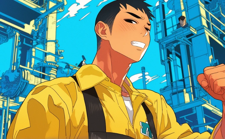 20代の作業服を着た男性が、ライン工場で、笑顔で握った拳を突き上げている。