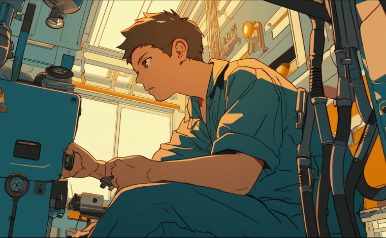 20代の作業服を着た男性が、ライン工場で、真剣な表情で働いている。