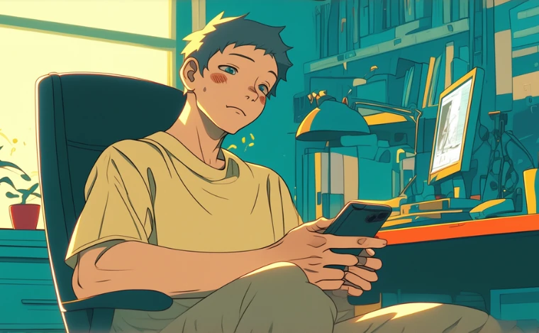 20代の私服を着た男性が、自宅で椅子に座りながら、真剣な表情でスマートフォンを見ている。