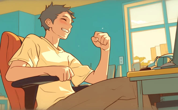 20代の私服を着た男性が、自宅で椅子に座りながら、握った拳を突き上げている。