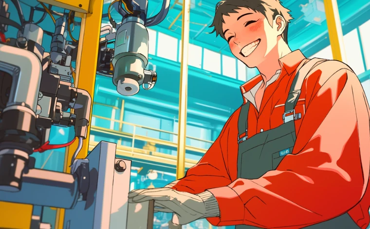 20代の作業服を着た男性が、ライン工場で、楽しそうに作業している。