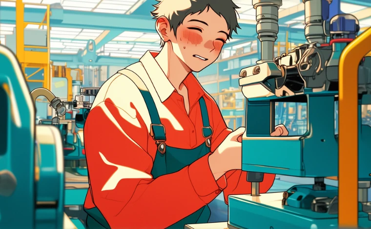 20代の作業服を着た男性が、ライン工場で、一生懸命に働いている。