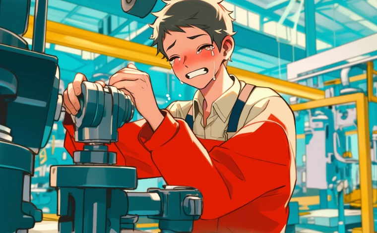 20代の作業服を着た男性が、ライン工場で、涙を流しながら作業している。