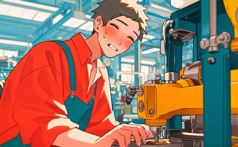 20代の作業服を着た男性が、ライン工場で、辛そうに作業している。