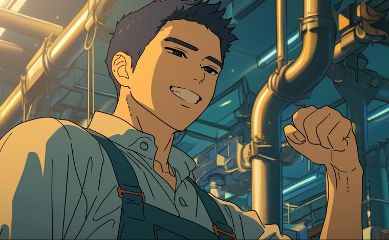 20代の作業服を着た男性が、ライン工場で、笑顔で拳を高く突き上げている。 