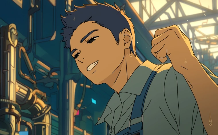 20代の作業服を着た男性が、ライン工場で、笑顔で拳を突き上げている。 