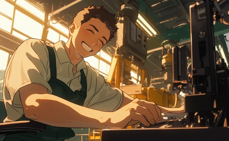 20代の作業服を着た男性が、ライン工場で、笑顔で働いている。