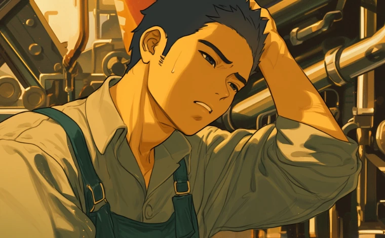 20代の作業服を着た男性が、ライン工場で、辛い表情をしている。