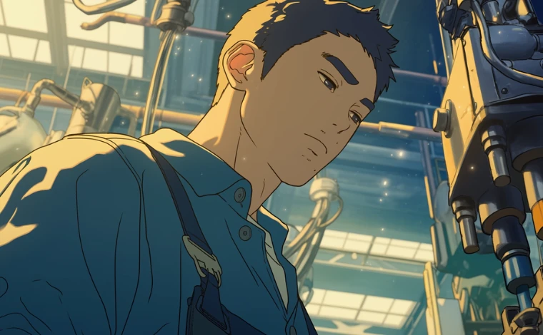 20代の作業服を着た男性が、ライン工場で、深刻な表情で考え事をしている。