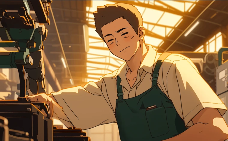 20代の作業服を着た男性が、ライン工場で、何かを決意した表情をしている。