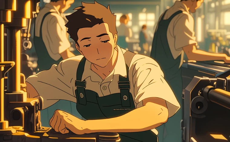 20代の作業服を着た男性が、ライン工場で、浮かない表情で働いている。