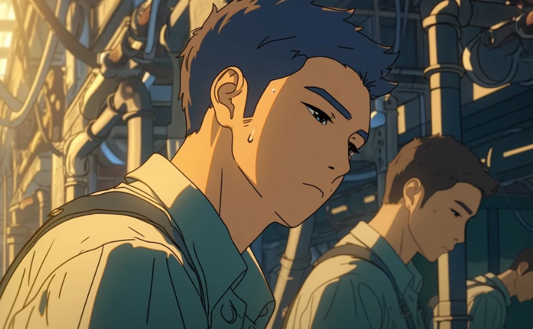 20代の作業服を着た男性数人が、ライン工場で、暗い表情で作業している。