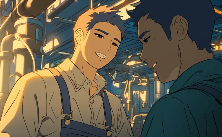 20代の作業服を着た男性2人が、ライン工場で、談笑している。