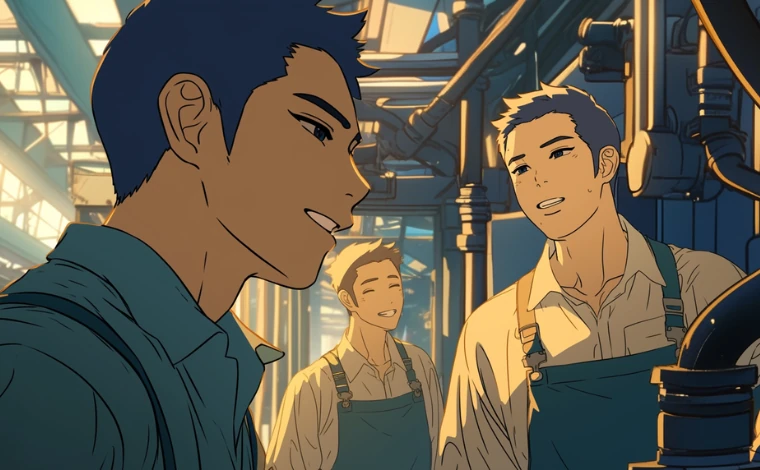 20代の作業服を着た男性数人が、ライン工場で、笑顔で話し合っている。