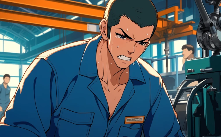 20代の作業服を着た男性が、ライン工場で、悔しそうに泣いている。