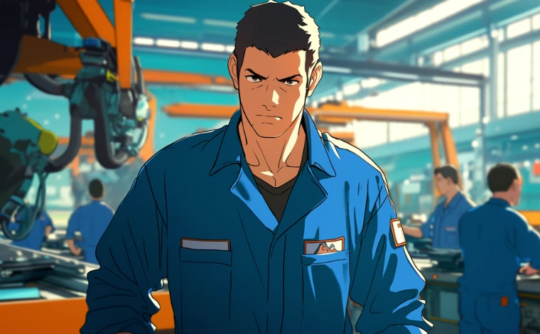 20代の作業服を着た男性が、ライン工場で、不満に対する行動を起こそうとしている。