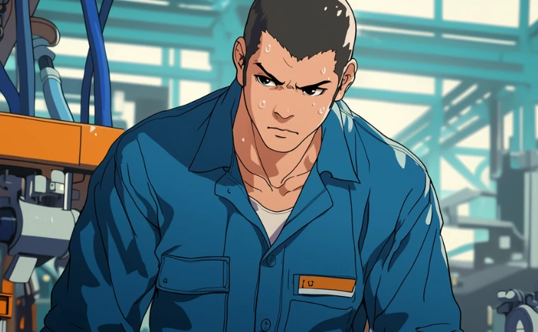 20代の作業服を着た男性が、ライン工場で、不安げな表情をしている。