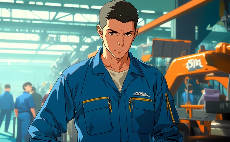 20代の作業服を着た男性が、ライン工場で、決意を固めた表情をしている。