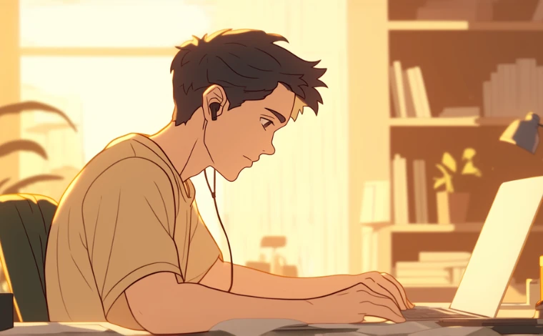 私服を着た20代の男性が、Macbookを使い、真剣な表情でオンラインの模擬面接を受けている。