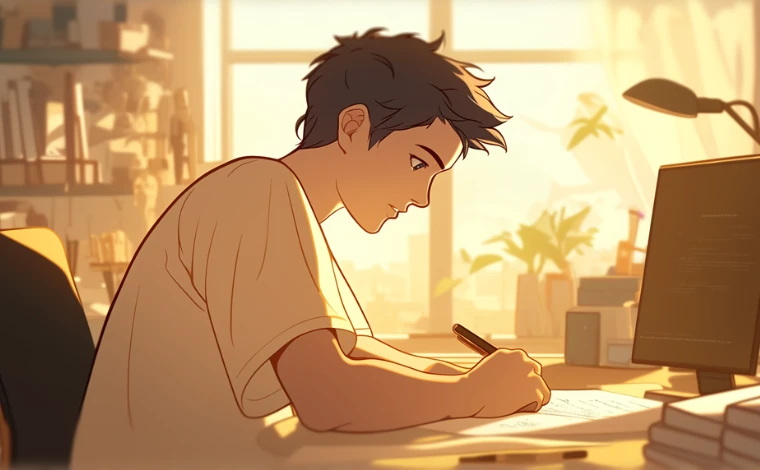 私服を着た20代の男性が、自宅の机に向かい、真剣な表情で履歴書を書いている。