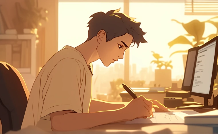 私服を着た20代の男性が、自宅の机に向かい、真剣な表情でノートにメモを書いている。