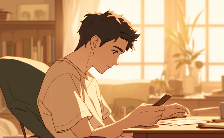 私服を着た20代の男性が、自宅の椅子に座り、真剣な表情でスマートフォンを操作している。