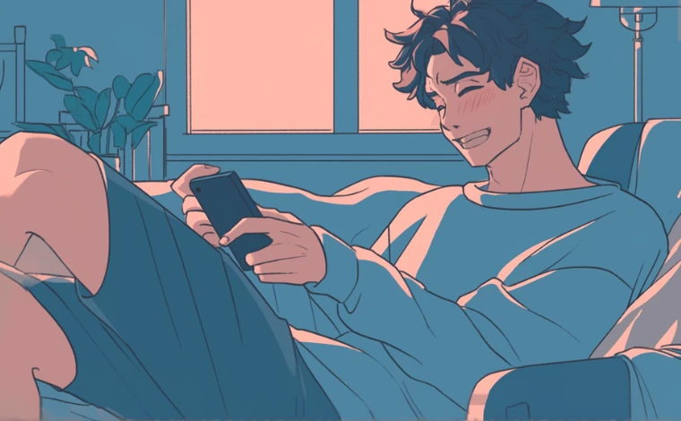 20代の部屋着を着た男性が、自宅で椅子に座り、笑いながらスマートフォンを見ている。